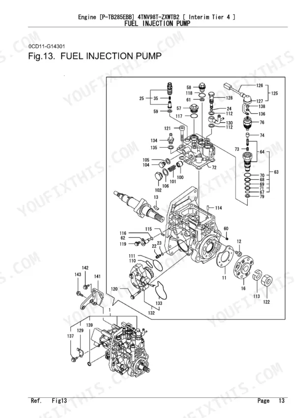 Yanmar 4TNV98T-ZXWTB2 exploded view diagram of the fuel injection pump assembly with numbered component parts.