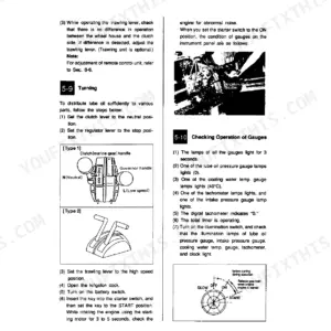 Yanmar 6CX(M)-ETE manual page showing engine turning procedures, clutch handle diagrams, and gauge operation checks.