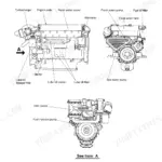Yanmar 6CXM-GTE engine component location diagram showing turbocharger, filters, pumps, and cooling systems.