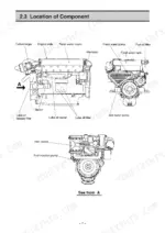 yanmar-6cxm-gte-marine-diesel-engine-operation-manual-49961-204671-exploded-view-10.webp Yanmar 6CXM-GTE engine component location diagram showing turbocharger, filters, pumps, and cooling systems.