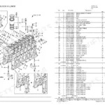 Yanmar 6EY18(A)L exploded view diagram and parts list for the cylinder block and liner assembly.
