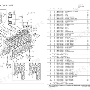 Yanmar 6EY18(A)L exploded view diagram and parts list for the cylinder block and liner assembly.