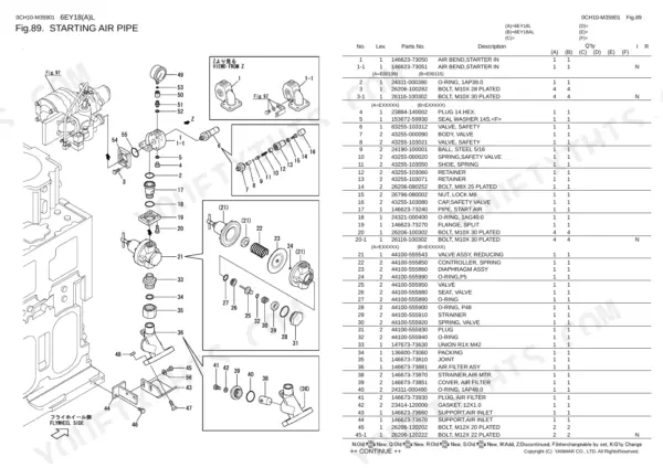 Yanmar 6EY18(A)L exploded view of starting air pipe system with parts list including safety and reducing valves.