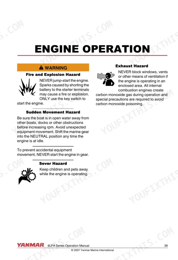 Yanmar 6LPA series engine operation manual page detailing fire, explosion, exhaust, movement, and sever safety hazards.