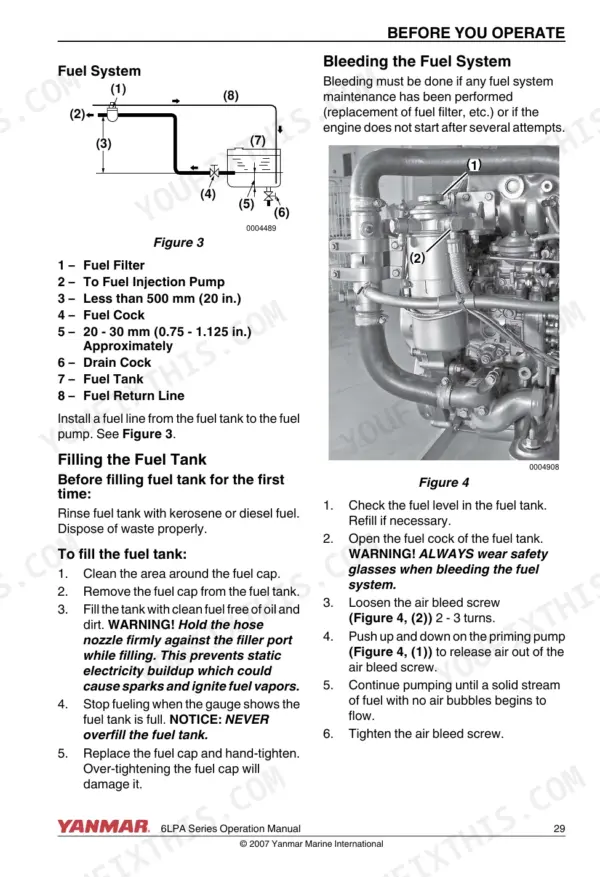 Yanmar 6LPA series specifications table showing principal engine dimensions and output data for the STP2 and STZP2 variants.