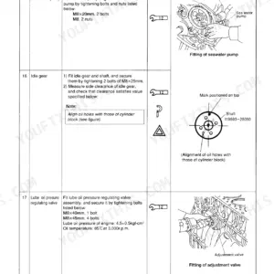 Yanmar 6LY(M)-UTE, 6LY(M)-STE assembly procedures for seawater pump, idle gear, and lube oil pressure regulating valve.