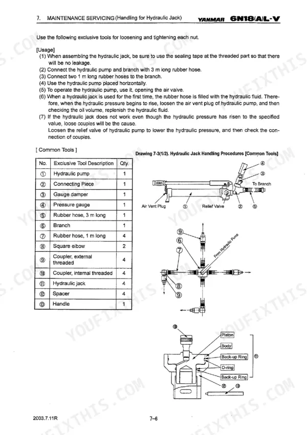 Yanmar 6N18(A)L-V hydraulic jack handling procedures, common tools list, and component diagrams.