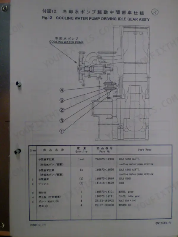 Yanmar 6N18(A)L-V cooling water pump driving idle gear assembly diagram and parts list with component numbers.
