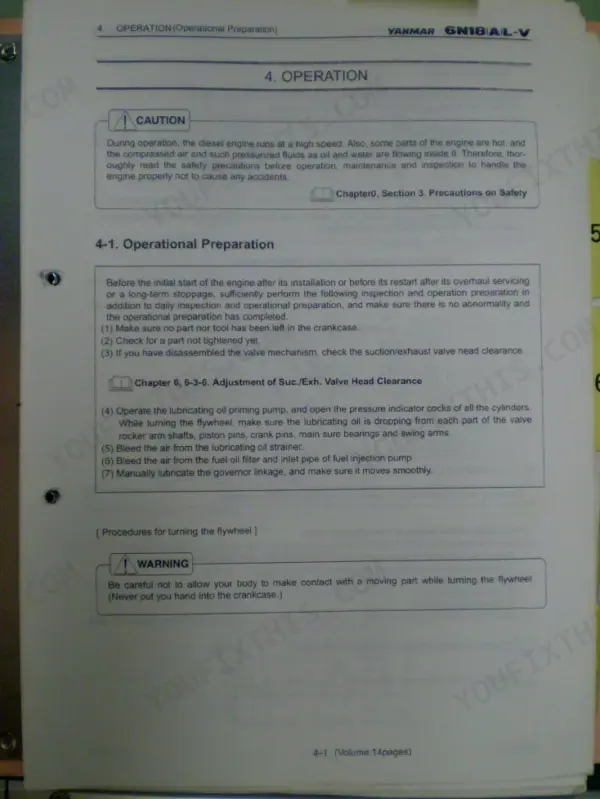 Yanmar 6N18(A)L-V operation manual page detailing operational preparation procedures and flywheel turning safety steps.