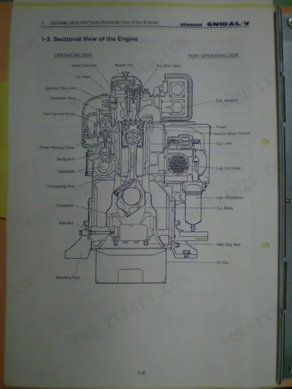 Yanmar 6N18(A)L-V engine sectional view diagram showing internal components like piston, crankshaft, and fuel pump.