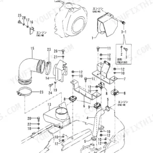 Yanmar B05, B05 G, B05 P, B05 Y, B05 G EX, B05 G AY, L70ADEB exploded view of engine mount and engine accessory components.