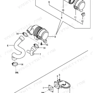 Yanmar B08-3 exploded view of air cleaner assembly, intake hoses, and exhaust muffler components with numbered parts.