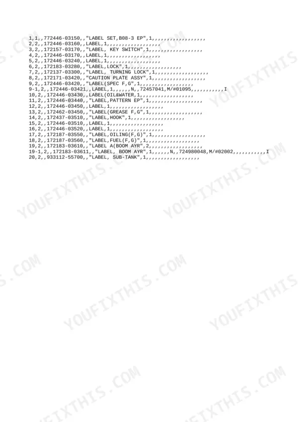 Yanmar B08-3 parts list table showing decal and label set part numbers including key switch and boom labels.