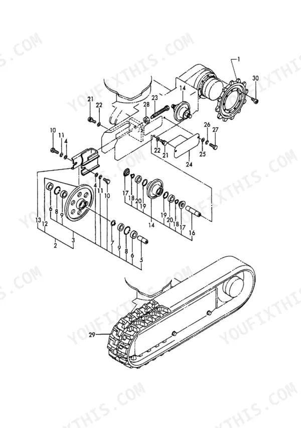 Yanmar B08, B08 G, B08 Y, B08 EX, B08 AY, 3TN66A-(E) UB, 3TN66L-UB exploded view of track roller and drive sprocket assembly.