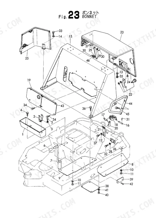 Yanmar B12/B17 exploded view of bonnet assembly.