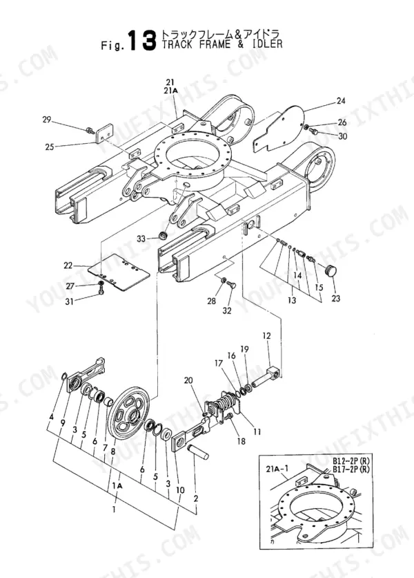 Yanmar B12/B17 exploded view of track frame and idler.