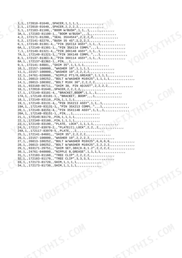 Yanmar B12-2B, B17-2B parts list for boom components, including pins, spacers, bushings, and bolts with part numbers.
