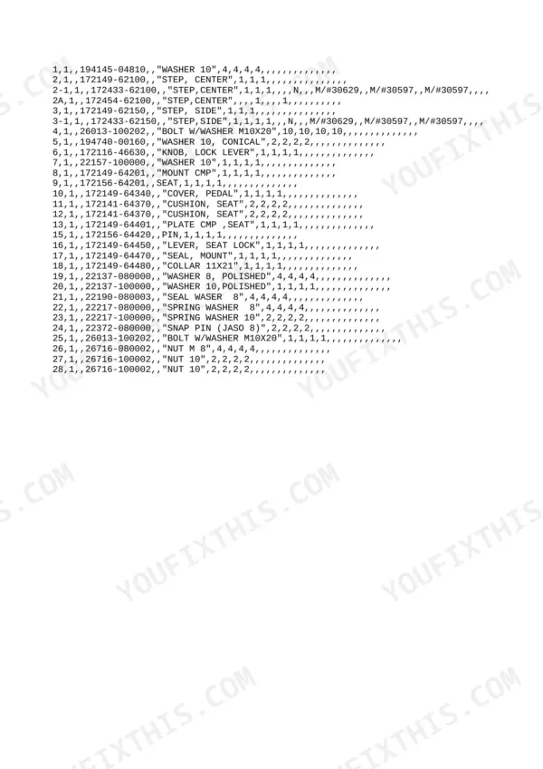 Yanmar B12-2B, B17-2B parts list for operator seat, steps, and lock lever components with part numbers and quantities.