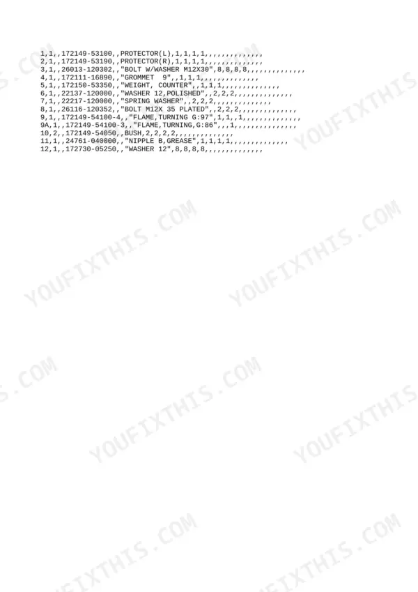 Yanmar B12-2B, B17-2B parts list showing protectors, counterweights, bolts, washers, and grease nipples for chassis.
