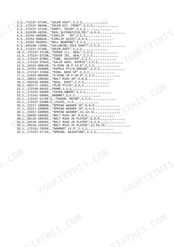 Yanmar B12-2B, B17-2B parts list showing idler assembly, seals, bolts, and adjusting springs with part numbers.