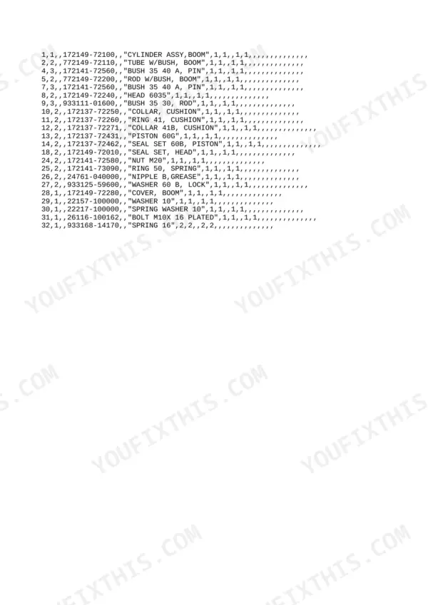 Yanmar B12, B17, B12-P, B12-PR, B17-P, B17-PR, 3TNA72L-UBA, 3TNA72L-UBB parts list for boom cylinder assembly components.