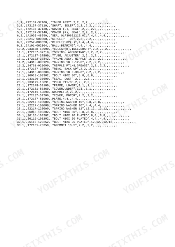 Yanmar B12, B17, B12-P, B12-PR, B17-P, B17-PR, 3TNA72L-UBA, 3TNA72L-UBB parts list for idler assembly, seals, and hardware.
