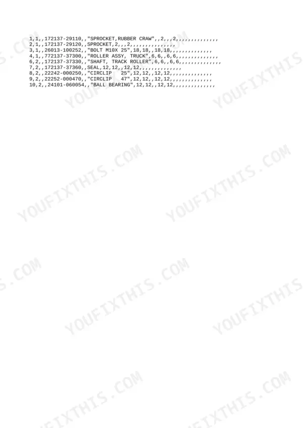 Yanmar B12, B17, B12-P, B12-PR, B17-P, B17-PR, 3TNA72L-UBA, 3TNA72L-UBB parts list for track roller, sprocket, and shaft components.