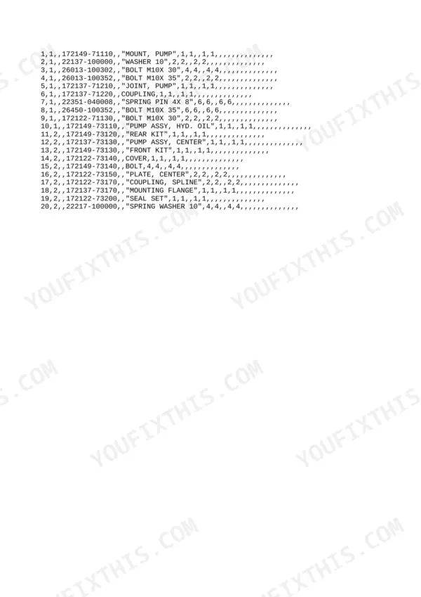 Yanmar B12, B17, B12-P, B12-PR, B17-P, B17-PR, 3TNA72L-UBA, 3TNA72L-UBB parts list for hydraulic pump assembly and hardware.