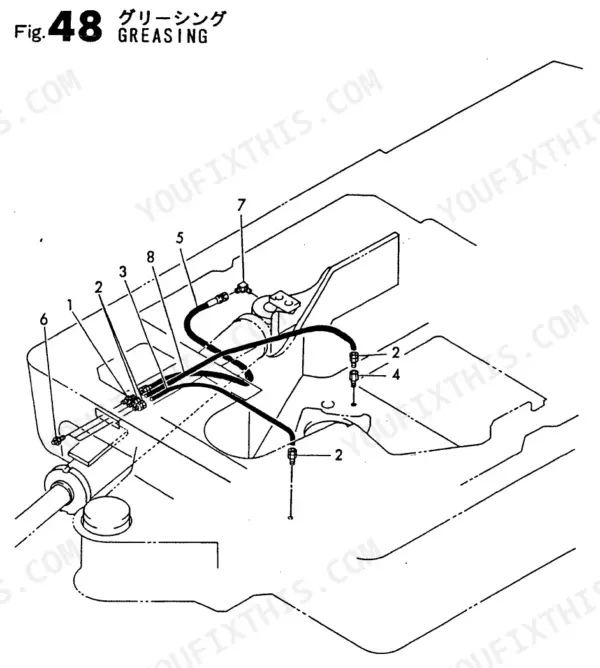 Yanmar B17-2 Parts Catalog - Fig. 48 Greasing system diagram showing grease lines and fittings.