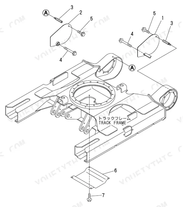 Yanmar B1U-1 exploded view of track frame assembly, covers, bolts, and mounting hardware.