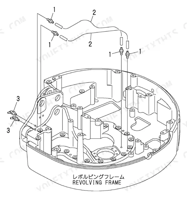 Yanmar B1U-1 exploded view of revolving frame grease fittings and hose lines.