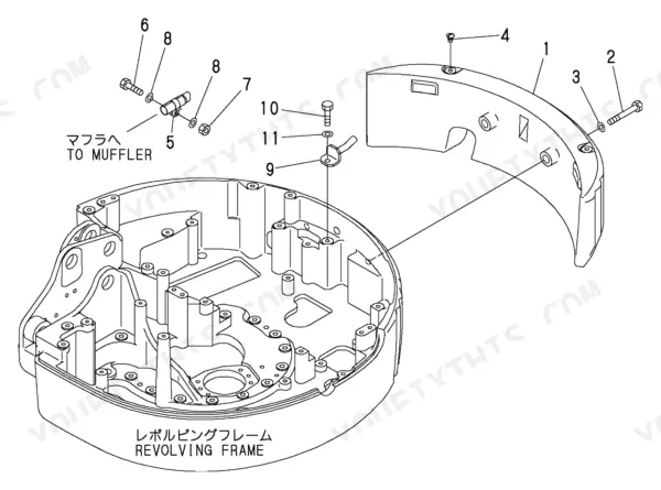 Yanmar B1U-1 exploded view of the revolving frame and counterweight assembly components.