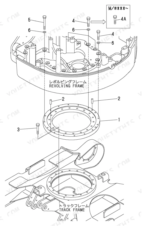 Yanmar B1U-1 exploded view of revolving frame, track frame, and swing bearing assembly.