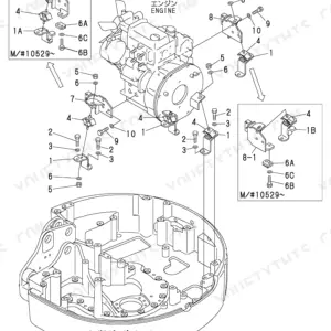 Yanmar B1U-1 exploded view of engine mounting components on the revolving frame.