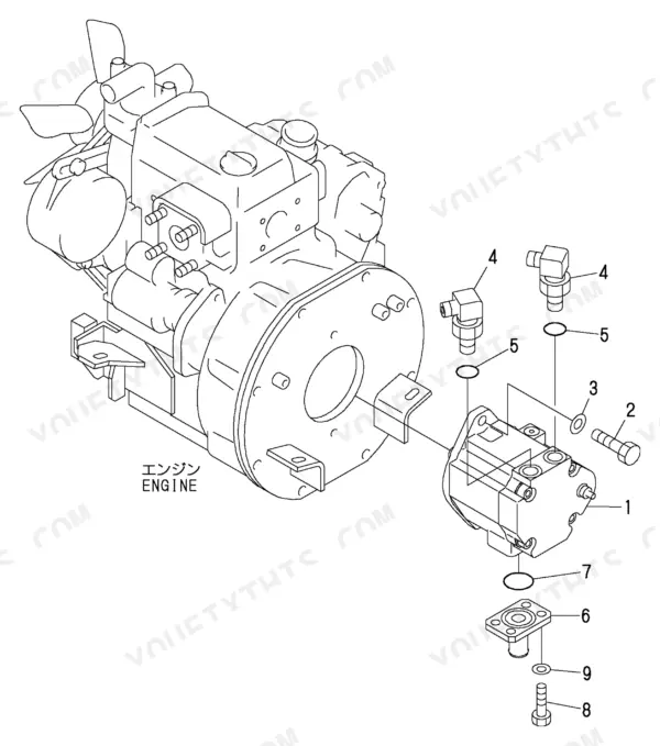 Yanmar B1U-1 exploded view of hydraulic pump mounting to engine block with fittings.