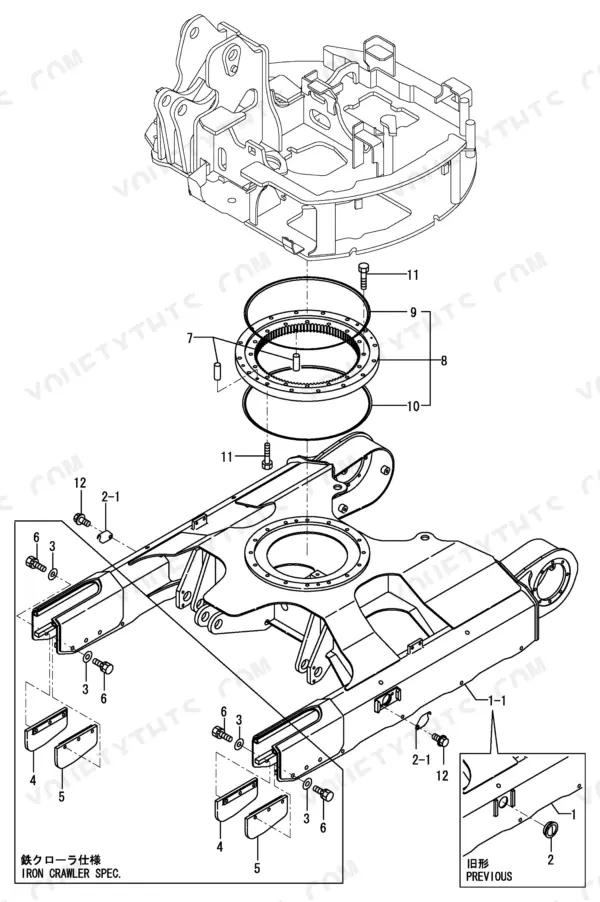 Yanmar B2-5 exploded view of swing bearing and iron crawler undercarriage assembly.