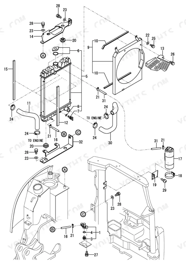 Yanmar B2-5 exploded view of radiator, fan shroud, hoses, and coolant reservoir.