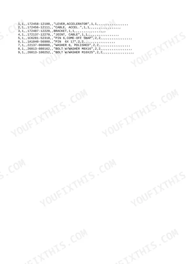 Yanmar B2-5 parts list for accelerator lever, cable, bracket, and hardware.