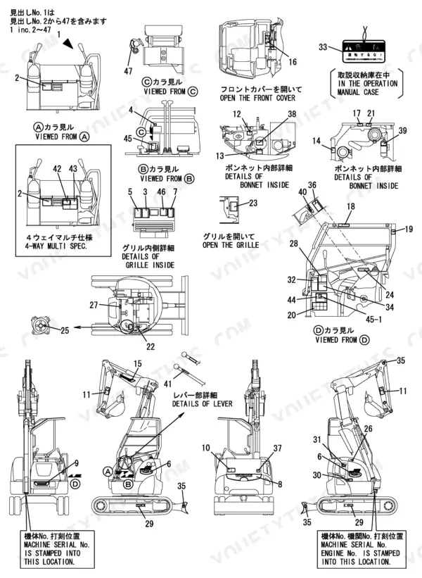 Yanmar B2-5 diagram showing machine serial number and component locations.