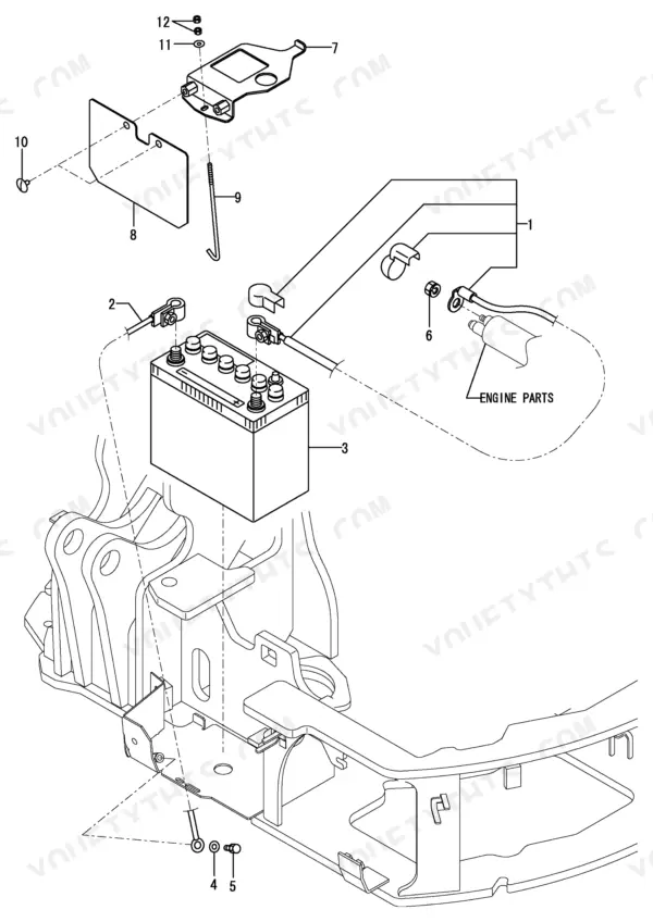 Yanmar B2-5 exploded view of battery mounting and electrical cable assembly.