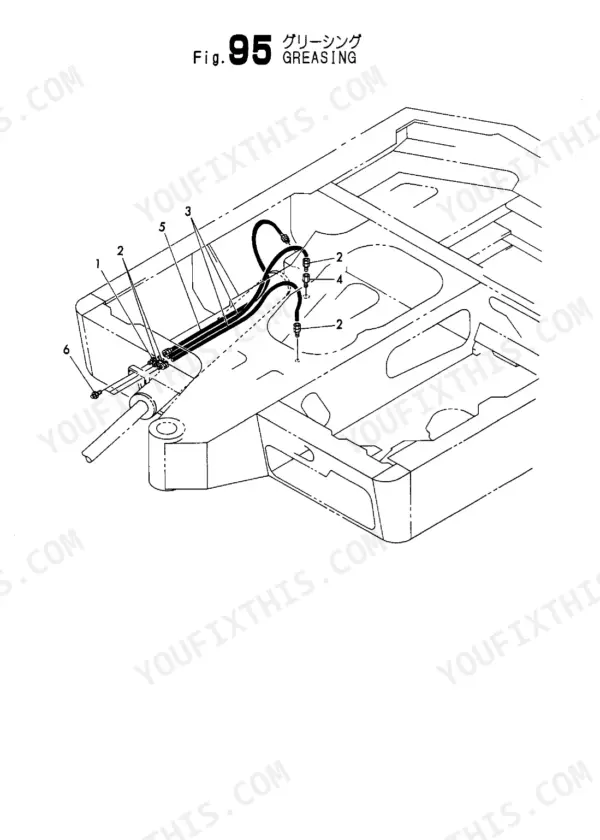 Yanmar B22-2-P[R], B22-2-C[R] Fig. 95 greasing diagram showing lubrication lines and fittings on the machine frame.