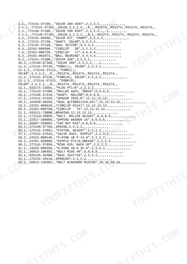 Yanmar B22-2-P[R], B22-2-C[R] parts list for idler assembly, track roller, and sprocket components.
