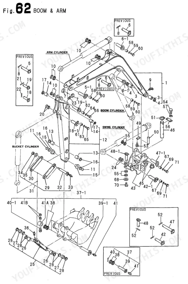 Yanmar B22-2 C(R)EP, B22-2 P(R)EP, B22-2 P[R], B22-2 C[R] exploded view diagram of boom, arm, and bucket cylinder parts.