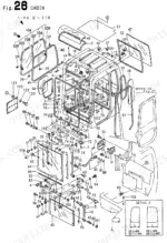 Yanmar B22-2 C(R)EP, B22-2 P(R)EP, B22-2 P[R], B22-2 C[R] exploded view diagram of cabin assembly and glass components.