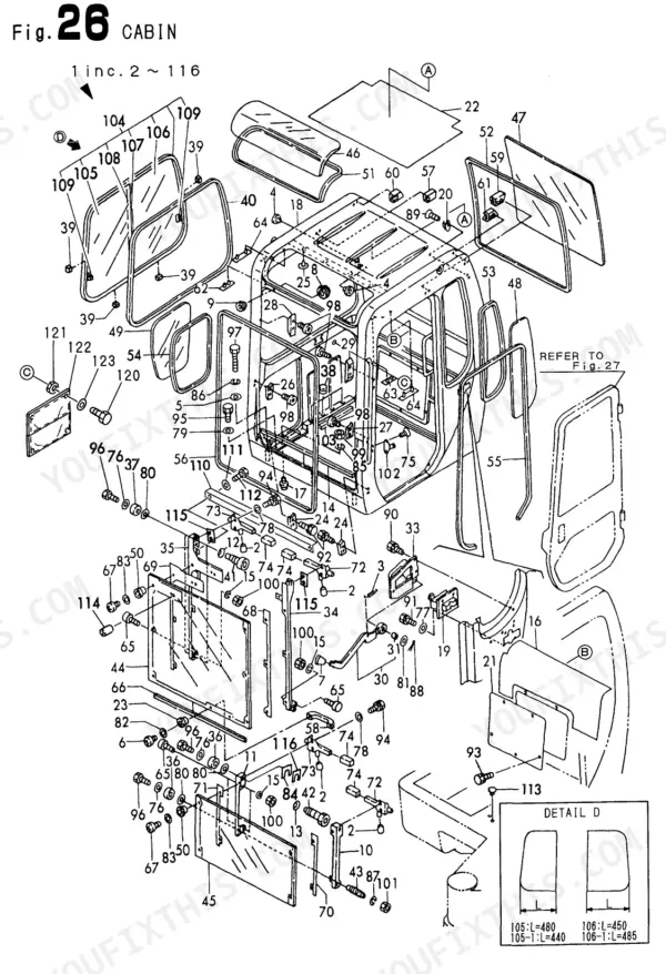Yanmar B22-2 C(R)EP, B22-2 P(R)EP, B22-2 P[R], B22-2 C[R] exploded view diagram of cabin assembly and glass components.