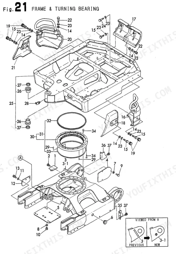 Yanmar B22-2 C(R)EP, B22-2 P(R)EP, B22-2 P[R], B22-2 C[R] exploded view diagram of the frame and turning bearing assembly.