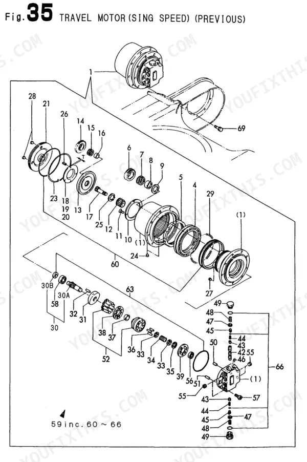 Yanmar B22-2 C(R)EP, B22-2 P(R)EP, B22-2 P[R], B22-2 C[R] exploded view diagram of the single speed travel motor assembly.