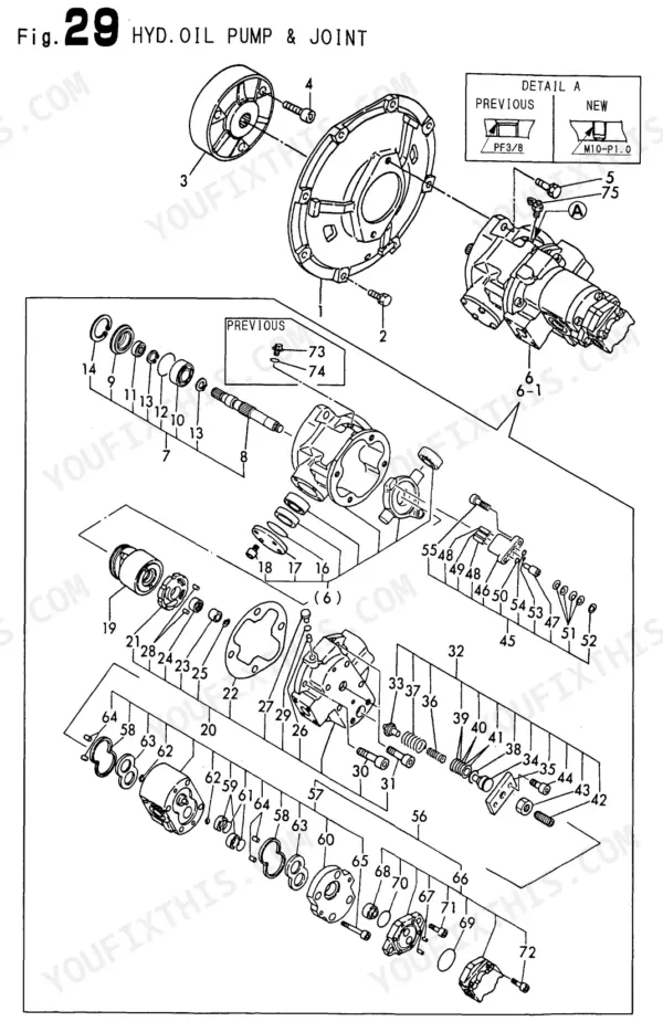 Yanmar B22-2 C(R)EP, B22-2 P(R)EP, B22-2 P[R], B22-2 C[R] exploded view of hydraulic oil pump and joint assembly.
