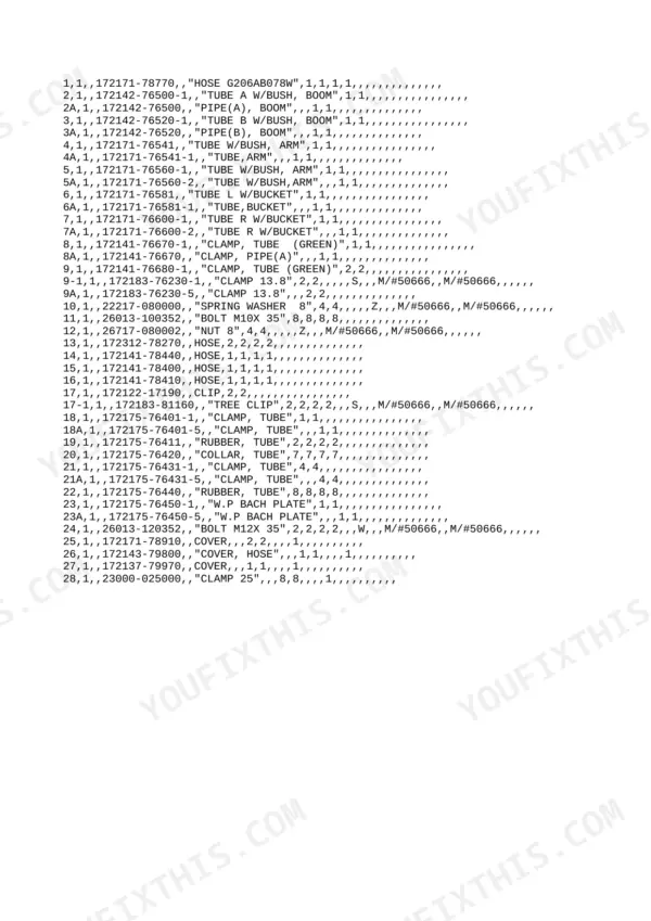 Yanmar B22-2A parts list for boom, arm, and bucket hydraulic hoses, pipes, clamps, and mounting hardware.