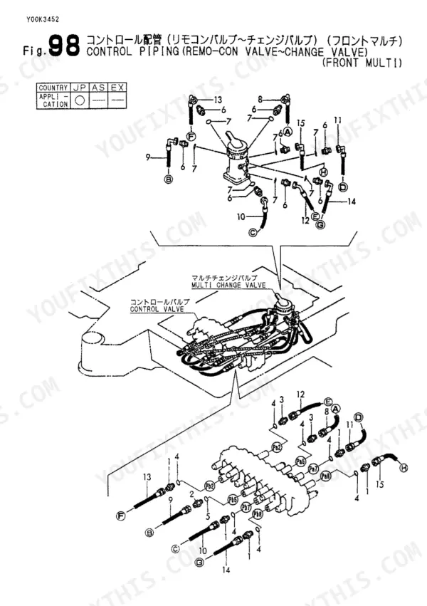 Yanmar B22-2B Fig. 98 exploded view of control piping connecting the remote-con valve to the multi change valve.